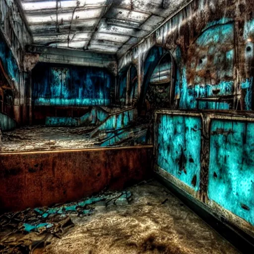 Image similar to abandoned rusty underwater theme park, surreal, horror, eerie, creepy, murky water, underwater, underwater photography, dark, submechanophobia, animatronics,