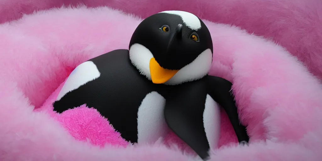 Image similar to realistic penguin sitting in an pink fluffy bed waving, unreal 5