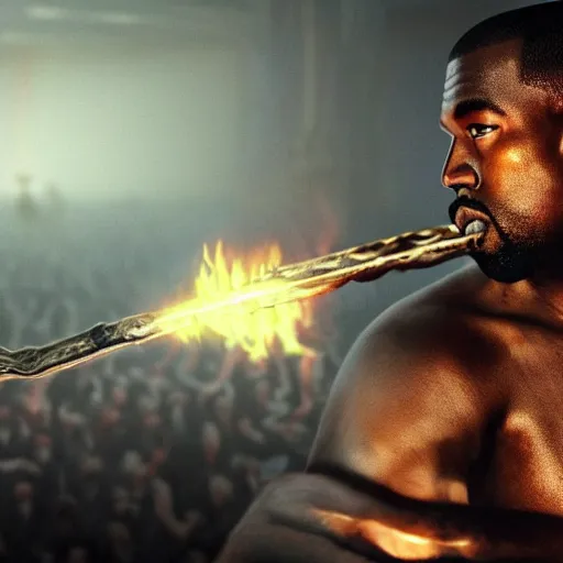 Image similar to kanye west fighting against demons with his golden sword in hell , 8k, hyper realistic, insanely detailed, legendary scene, octane render