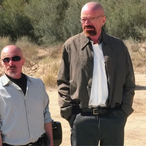 Prompt: “2b with Walter white on the set of breaking bad”