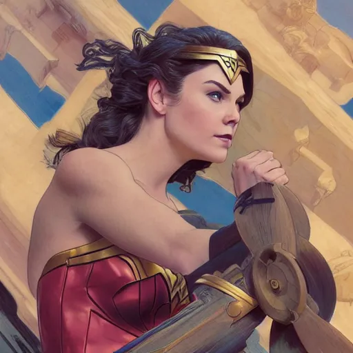 Image similar to Erin Moriarty as Wonder Woman, highly detailed, digital painting, artstation, concept art, smooth, sharp focus, illustration, ArtStation, art by artgerm and greg rutkowski and alphonse mucha and J. C. Leyendecker and Edmund Blair Leighton and Katsuhiro Otomo and Geof Darrow and Phil hale and Ashley wood and Ilya repin and Charlie Bowater