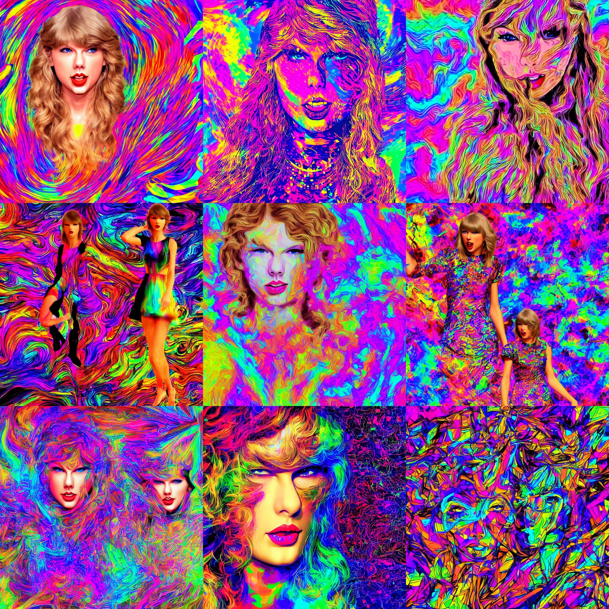Prompt: taylor swift tripping on lsd!, psychedelic digital art, high quality