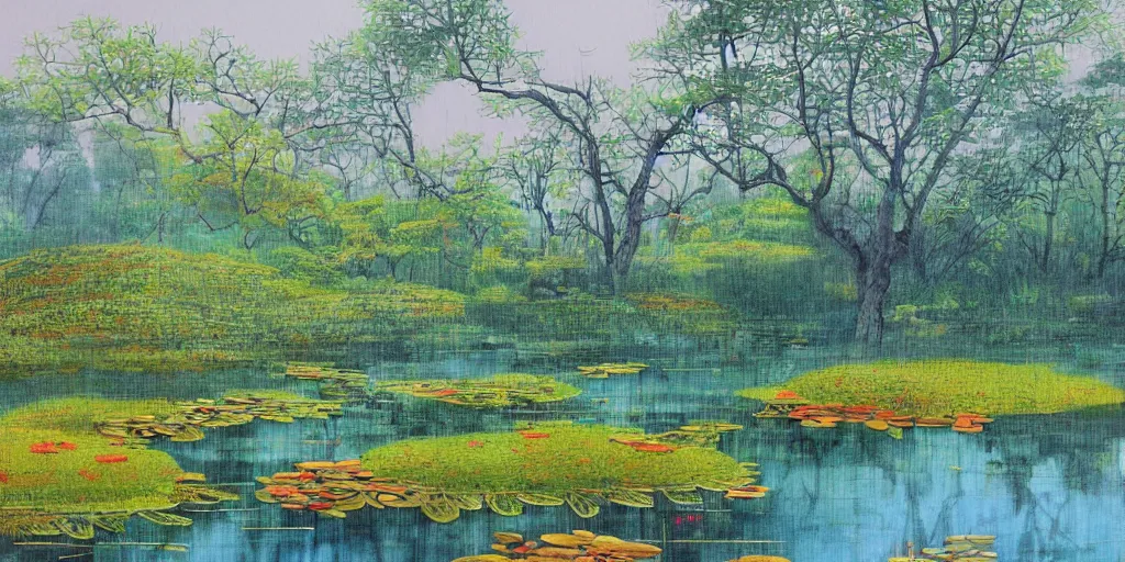 Prompt: pond landscape, by feifei ruan, intricate, sharp focus, detailed, serenity, lively colors