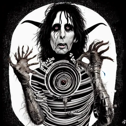 Image similar to graphic illustration, creative design, alice cooper as a witch, biopunk, francis bacon, highly detailed, hunter s thompson, concept art