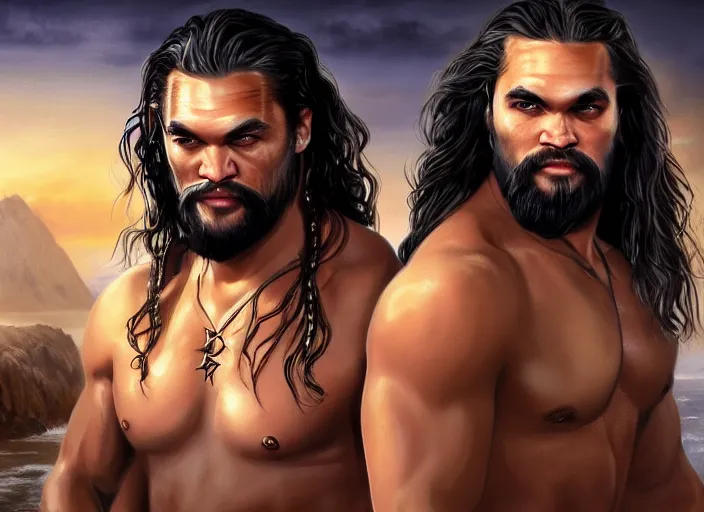 Image similar to jason momoa as khal drago and emilia clarke as queen daenerys stormborn together by anne stokes and larry elmore, detailed matte painting, realistic portrait, symmetrical, highly detailed, digital painting, artstation, concept art, smooth, sharp focus, illustration, cinematic lighting, 8 k resolution