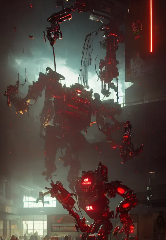 Image similar to a portrait of a giant mcdonalds robot breaking through a mcdonalds restaurant by greg rutkowski, sung choi, mitchell mohrhauser, maciej kuciara, johnson ting, maxim verehin, peter konig, bloodborne, 8 k photorealistic, cinematic lighting, hd, high details, dramatic, dark atmosphere, trending on artstation