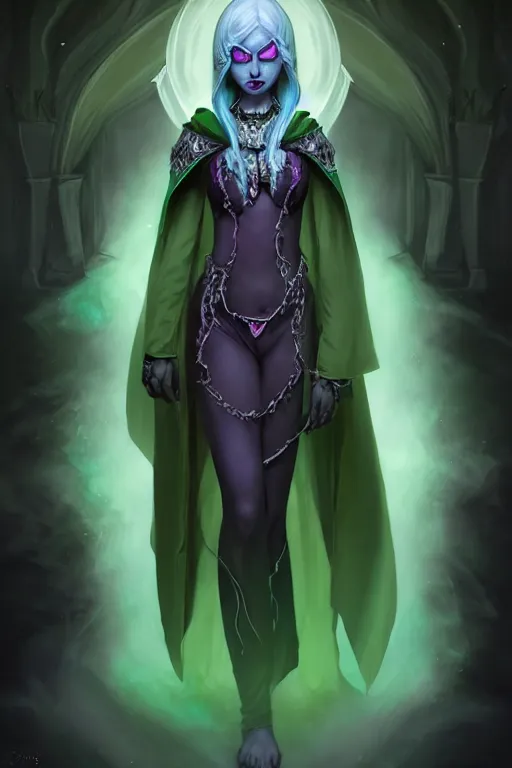 Prompt: realistic character concept portrait art of a female drow necromancer, emerald trinkets and outfit, beautiful face, hooded robes, moonlit, ghostly atmosphere, long dark hair, by stanley artgerm lau, wlop, rossdraws, james jean, andrei riabovitchev, marc simonetti, and sakimichan, tranding on artstation