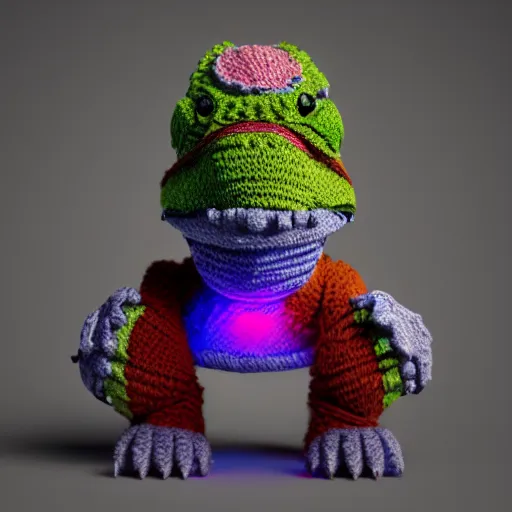 Image similar to super cute dinosaur made out of sweaters and yarn octane rendering vivid cinematic lighting 4 k