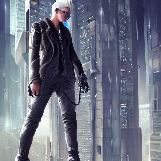 Image similar to boy with white hair in a cyberpunk world, and mechanical buildings, artstation, digital art, highly detailed, intricate, unreal engine, fine detail, smooth, sharp focus, detailed face