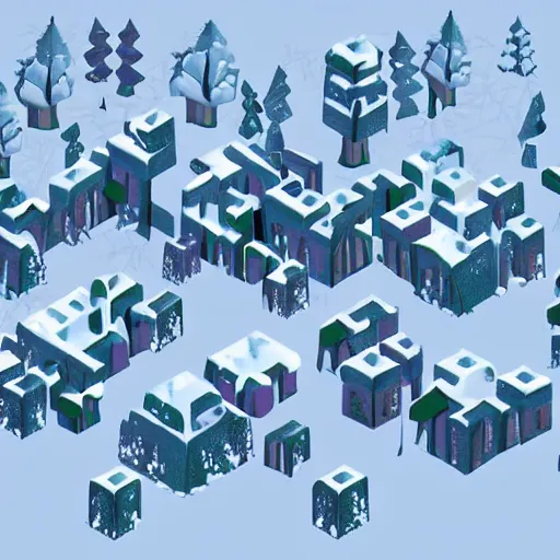 Image similar to isometric forest in winter, game art, fantastic