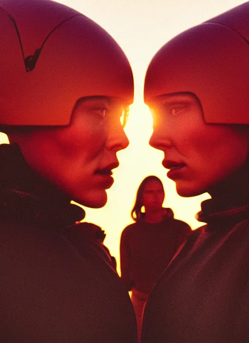 Image similar to cinestill 5 0 d photographic portrait of two loving female androids wearing rugged black techwear on a desolate plain with a red sky, extreme closeup, lizard on ground, cyberpunk style, in front of a brutalist dark metal facility, dust storm, 8 k, hd, high resolution, 3 5 mm, f / 3 2, ultra realistic faces