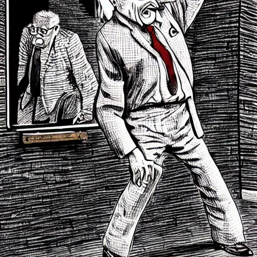 Image similar to The Artwork of R. Crumb and his Cheap Suit crazy old man dancing, pencil and colored marker artwork, trailer-trash lifestyle