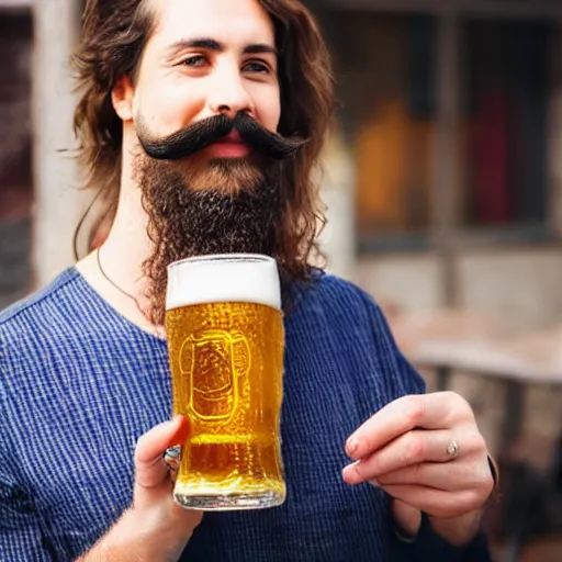 Image similar to a photo of a woman with a beard and moustache. she is smiling and drinking a big german beer.