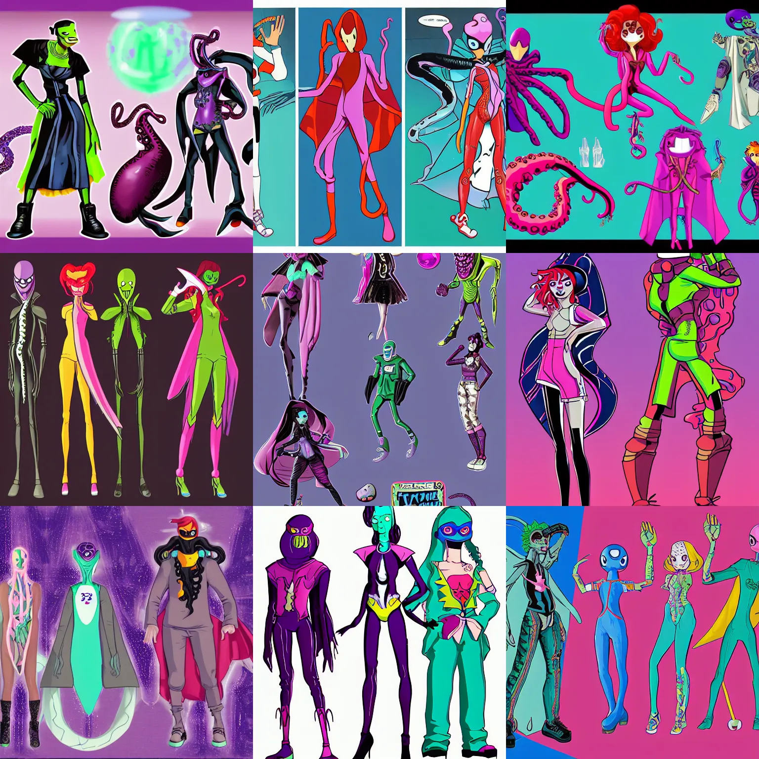 Prompt: a vintage vaporwave colorful tall lean vampire aliens with big black alien eyes and a squid beak with three webbed tentacle arms and skinny thin human legs wearing ninja garb based on vampire cloaks as playable characters design sheets that focuses on an ocean setting with help Lauren faust from her work on dc superhero girls and lead artist Andy Suriano from rise of the teenage mutant ninja turtles on nickelodeon using artistic cues for the game fret nice and art direction from the Sony 2018 animated film spiderverse