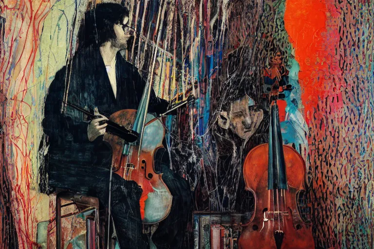 Image similar to portrait of a young cellist focusing with a background of hundreds of cellos by vincent lefevre and hernan bas and pat steir and hilma af klint, psychological, symmetrical face, dripping paint, rendered in octane, altermodern, masterpiece