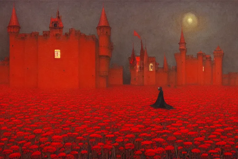 Prompt: only with red, red eyes, a red tiger, a castle in the background, medieval demons dance over the flowers, an ancient path, in the style of beksinski, part by hopper, part by rodcenko, part by hofbauer, intricate composition, red by caravaggio, insanely quality, highly detailed, masterpiece, red light, artstation