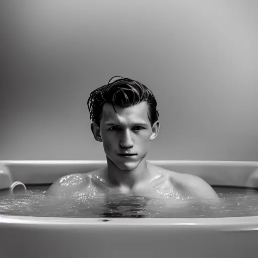 Prompt: photographic portrait by Annie Leibovitz of Tom Holland in a hot tub, foggy, sepia, moody, dream-like, sigma 85mm f/1.4, 15mm, 35mm, 4k, high resolution, 4k, 8k, hd, full color