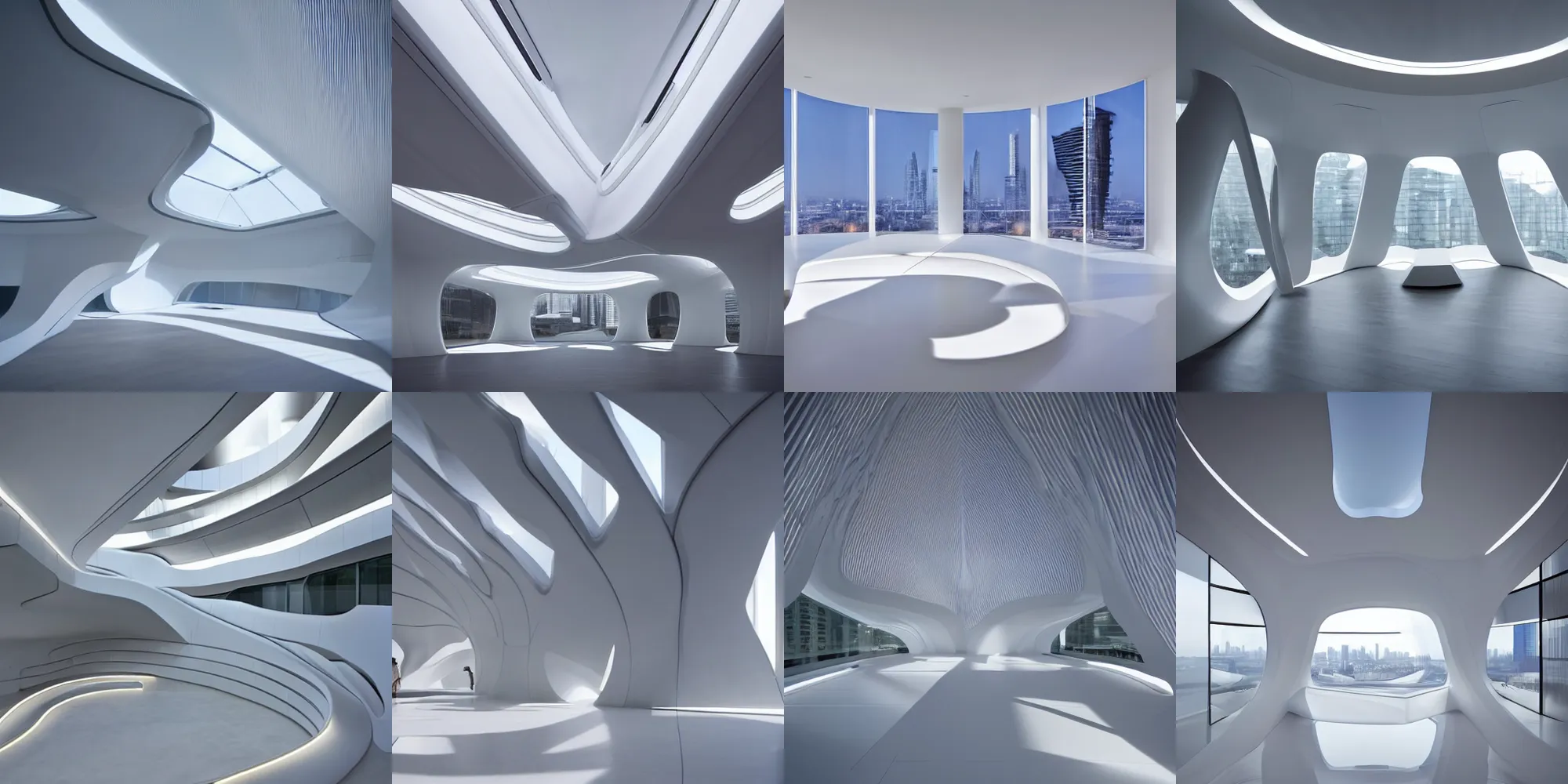 Prompt: white clean futuristic room design in the architecture and forms of zaha hadid, ultrarealistic volumetric lighting through the windows with a futuristic skyline outside