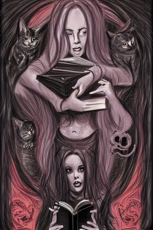 Image similar to silvio berlusconi illustration of romantic girl, her cat and her book of necronomicon, symmetrical, cinematic, sharp focus, 4 k, ultra hd, sense of awe, sinister demonic atmosphere, dreadful, forbidden knowledge, old gods, cthulhu, yog - sothoth! yah, yah, yah! cultist journal cover