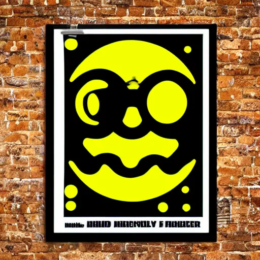 Image similar to acid house rave flyer, poster, smiley face, florescent yellow and black