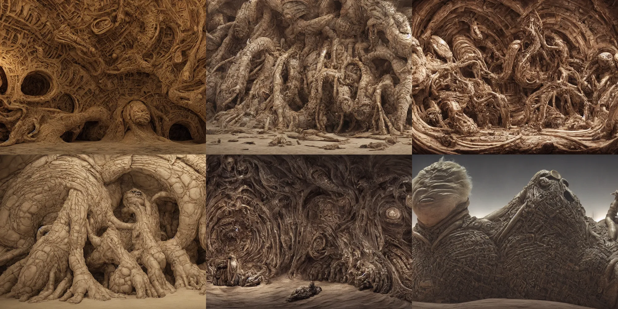 Prompt: cinematic still from the movie dune harkonnen interior architecture, monster anatomy,!!!! donald trump!!!!,! baron harkonnen!, dom qwek, john howe, anatomical, highly detailed sculpture, intricate detailed, ommatidia, 8 k, cinematic atmosphere, post - processing