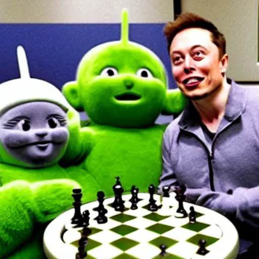 Image similar to elon musk with teletubbies, playing chess