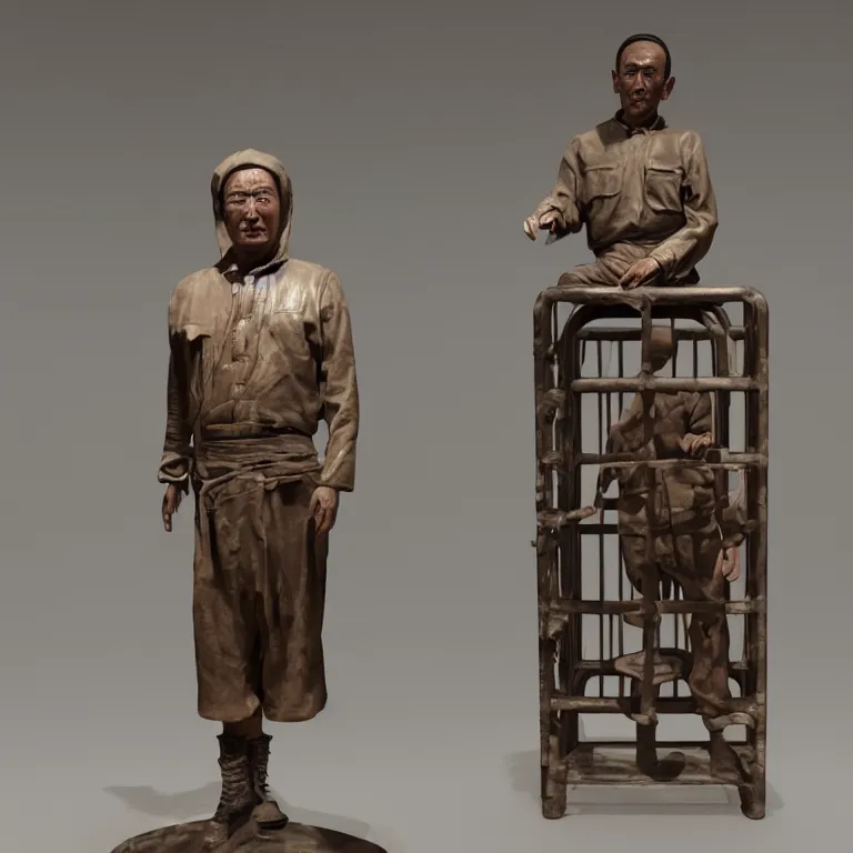 Image similar to hyperrealistic sculpture of a bronze uyghur prisoner in a cage made of low poly acrylic on a pedestal by ron mueck and duane hanson and lee bontecou, hyperrealistic dramatic colored lighting trending on artstation 8 k