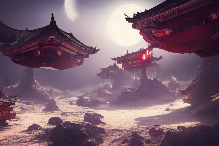 Image similar to floating chinese houses in alien planet, high - tech space cult, dramatic lighting, epic, octane render, volumetric light, unreal engine, artbreeder, 8 k, background, scene, digital, artwork, high quality, 8 k