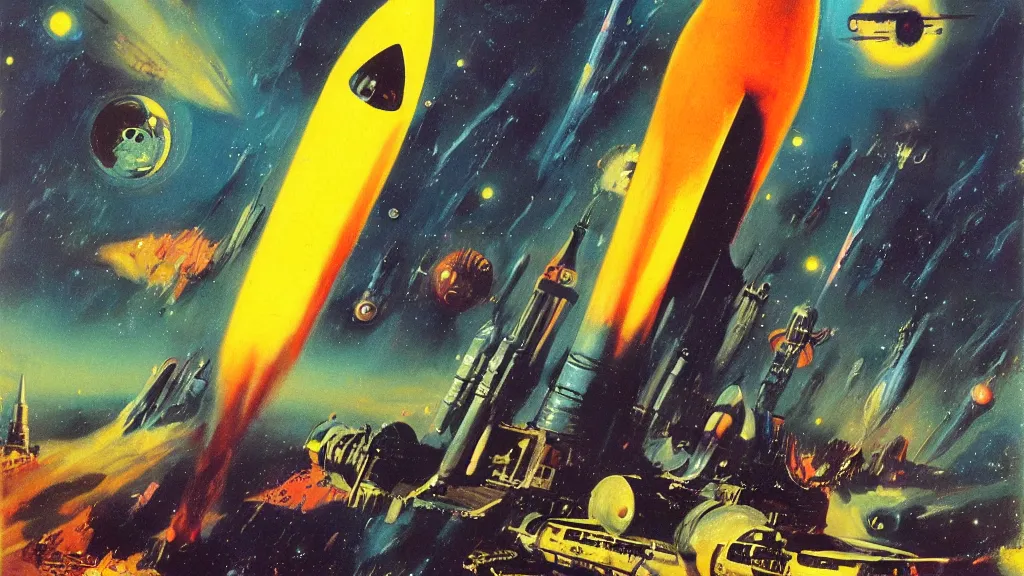 Image similar to rocket design by paul lehr and jack gaughan and john schoenherr, cinematic matte painting