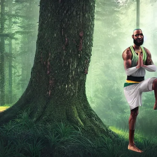 Image similar to lebron james doing yoga in the forest, high detail shot, smoking, render, cgsociety, photorealism