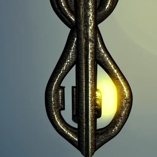 Image similar to a stylised metal key, key is on the center of image, rpg game inventory item, very detailed, rim light, outer glow, on the white background, high poly vray render, stylised textures, trending on artstation