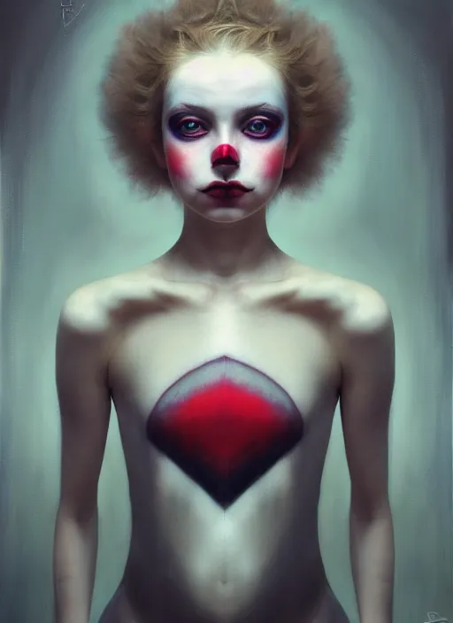 Prompt: realistic photograpy tender sweet portrait of a wonderful symmetrical woman she has a circus makeup, symmetrical eyes, portrait photography, bizarre, trending on artstation, characterdesign, sharp focus, art by ruan jia, ghibli, elena shumilova, leah robinson