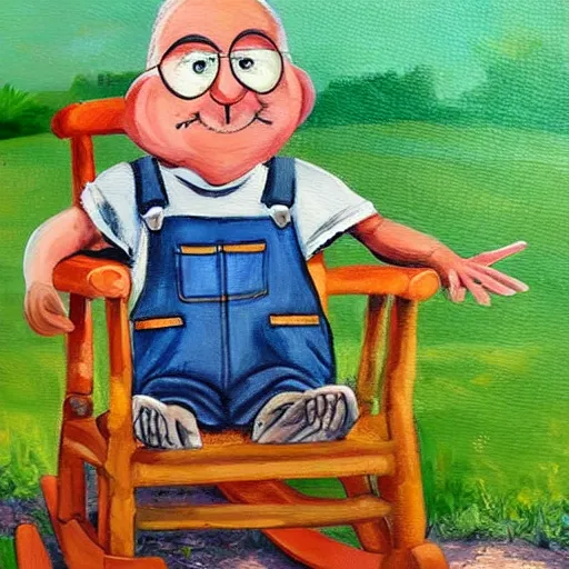 Prompt: a painting of grandpa rat wearing overalls on a rocking chair, telling stories, cute and wonderful vivid painting