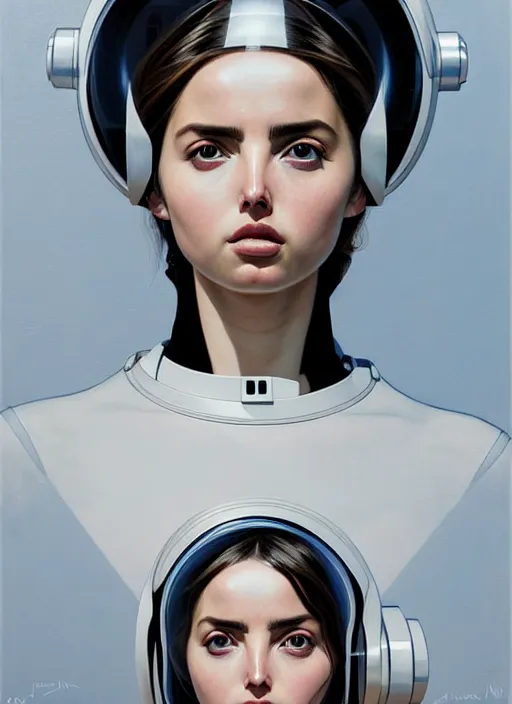 Prompt: artwork by james jean and Phil noto; a close up on the face of a beautiful woman that looks like Ana de armas in a future space suit; wearing futuristic astronaut helmet; highly detailed; pretty eyes; circular black pupils; artwork by james jean and Phil noto