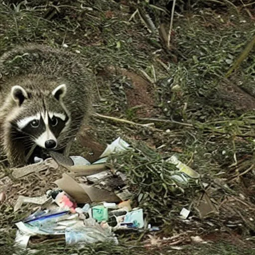 Image similar to green - tinted night vision footage of a family of raccoon digging through a gigantic mound of trash and papers and junk