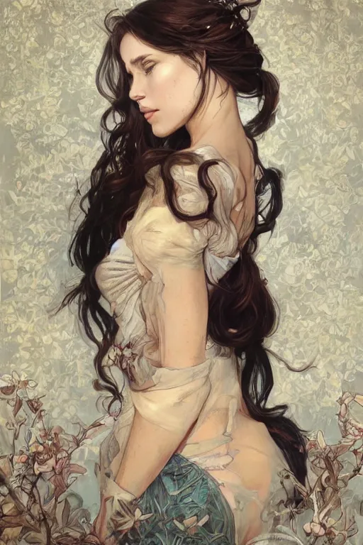 Prompt: portrait of everything, long hair, fantasy, elegant, intricate, full frontal shot, highly detailed, digital painting, artstation, concept art, sharp focus, illustration, art by artgerm and greg rutkowski and alphonse mucha