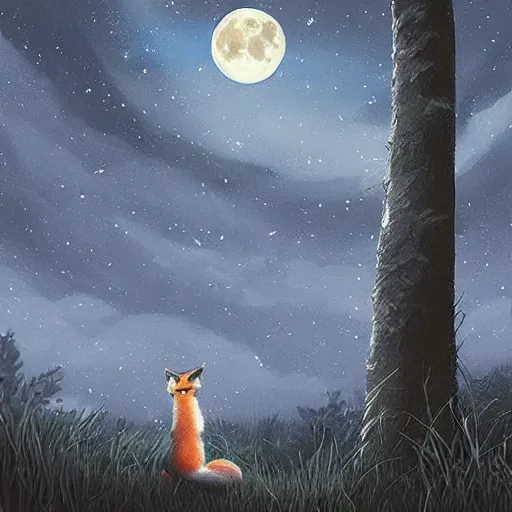 Prompt: “a fox sitting in the woods facing away, looking up at the night sky. The moon shines brightly. digital art, painting, highly detailed, hyper detailed, award winning”
