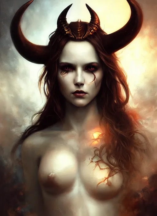 Image similar to a hauntingly beautiful woman with horns, painted by artgerm and tom bagshaw, fantasy art, dramatic lighting, highly detailed oil painting