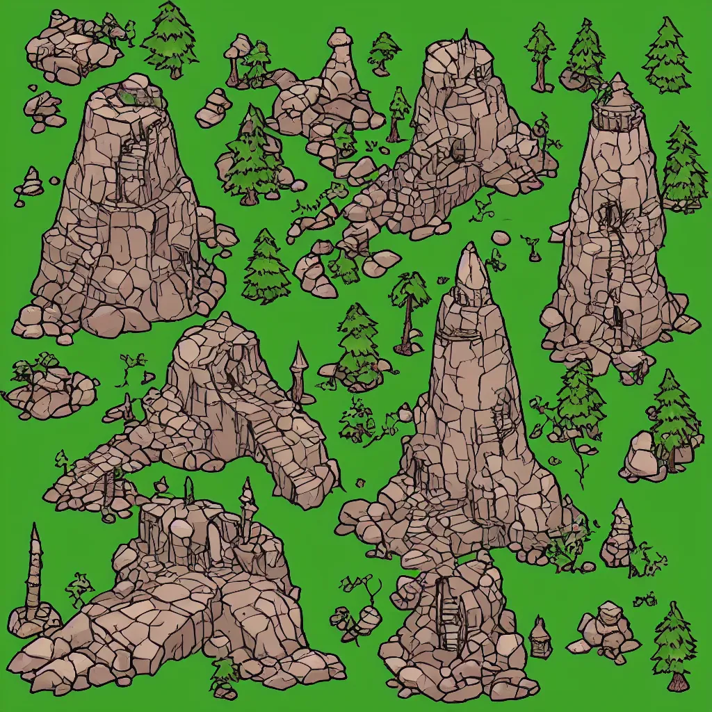 Image similar to ground, tree, rock and wizard tower, on a lineart tileset