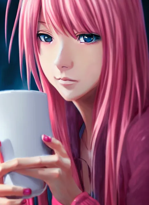 Prompt: a realistic anime painting of a girl with pink hair drinking a hot coffee on a rainy day. Close up of face. cinematic, 4k, artstation, beautiful