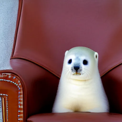 Prompt: a baby harp seal holding a box marked top secret in red letters, sitting on a beautiful leather chair at a luxury resort, palm trees outside the windows, panasonic, photo, gentle bokeh