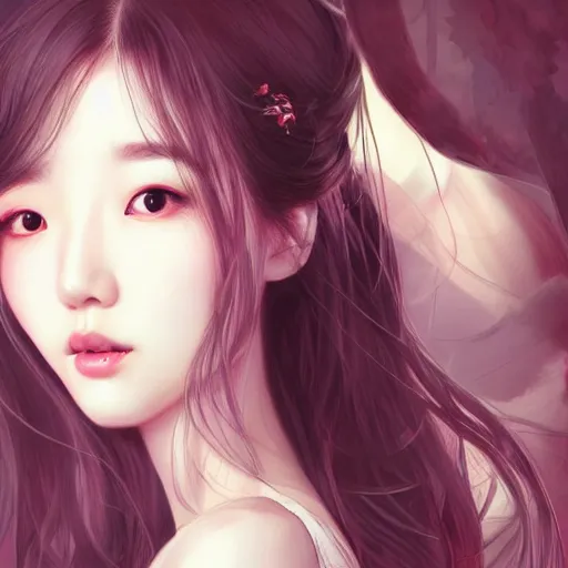 Image similar to IU, Korean Idol, Korean Artist, very detailed, digital art, concept art, studio quality, ethereal, art style by artgerm