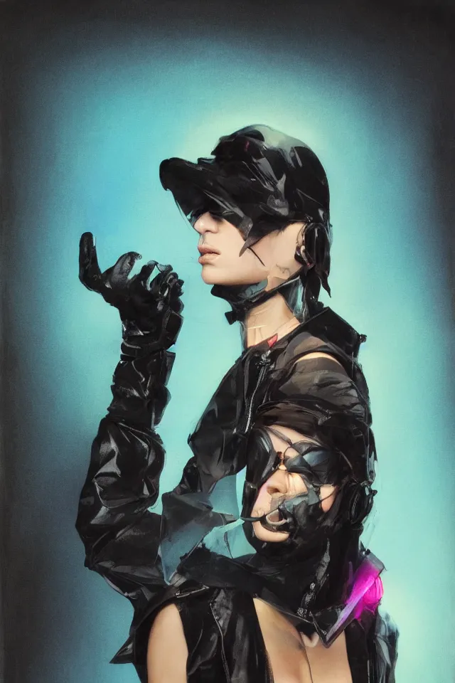 Image similar to digital fashion, androgynous person, punk rocker, tactical poncho latex rags, wearing a visor, techwear, iridiscent light, high key, cinematic lighting at night, neon, phil hale, boris vallejo, alberto mielgo, patrick o'keeffe