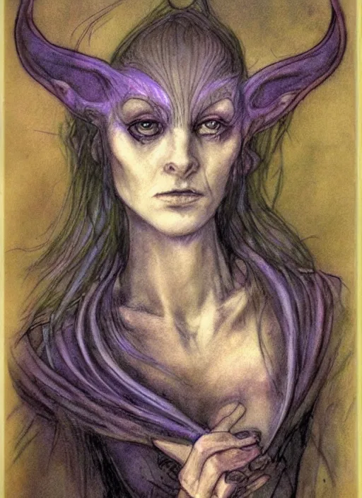 Image similar to portrait of lithe female sorceress of the fey, beautiful! coherent! dungeons and dragons character, by brian froud, strong line, night color, high contrast