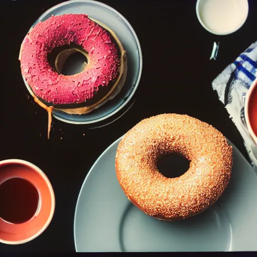 Prompt: a donut, chocolate frosting, on a plate in a busy diner, wide angle, cinestill 800