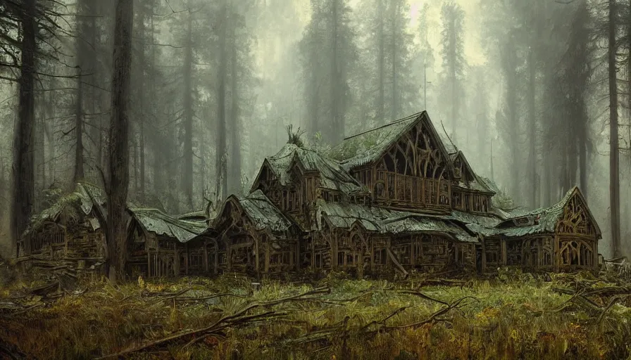 Prompt: a beautiful intricate painting of a abandoned log church in dark evil fantasy forest, reflections, very high details by william turner art, greg rutkowski and alphonse mucha, trending on artstation, very very detailed, masterpiece,