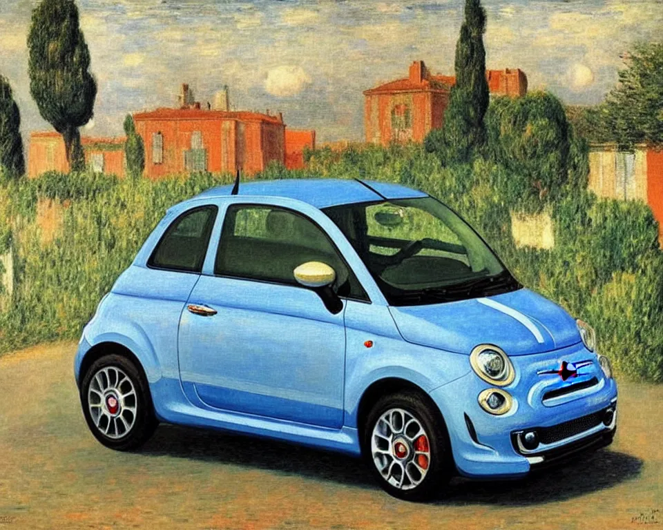 Image similar to achingly beautiful painting of a 2 0 1 3 fiat 5 0 0 abarth by rene magritte, monet, and turner. whimsical.