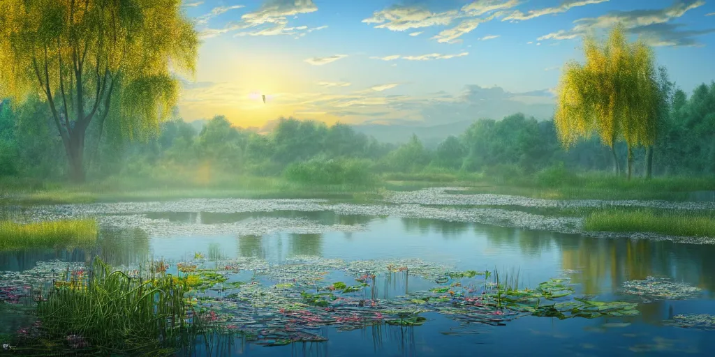 Prompt: a majestic blue heron in shallow river, waterfalls in distance, willow trees, cherry blosom trees, lily pads, bullrushes, marsh, clouds, golden hour, intricate, luminescent matte painting, highly detailed, artstation