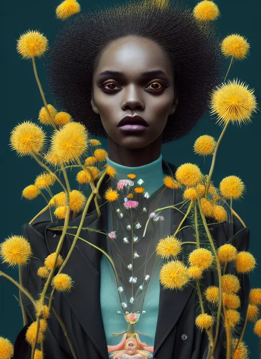 Prompt: pretty black model with dandilions : by martine johanna and simon stalenhag and chie yoshii and casey weldon and wlop : : ornate, dynamic, particulate, rich colors, intricate, elegant, highly detailed, vogue, harper's bazaar art, fashion magazine, smooth, sharp focus, 8 k, octane render,