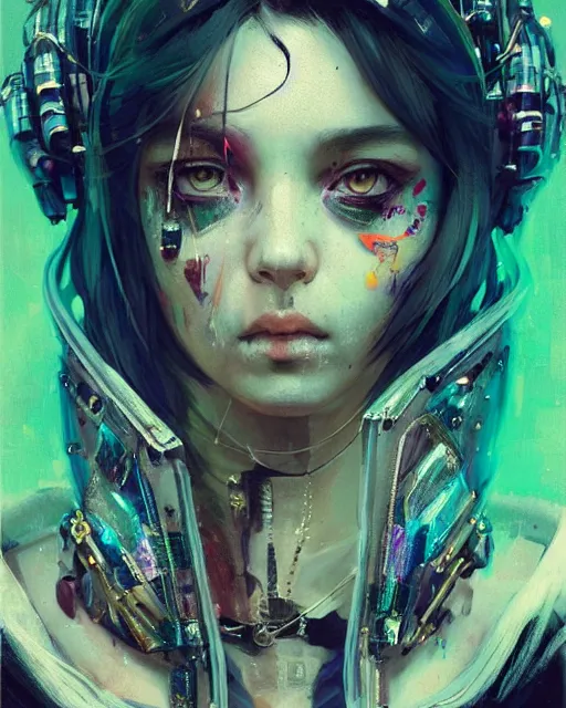 Image similar to detailed portrait Young Gangster Girl cyberpunk futuristic ((neon)) tattoes, styled hair Reflective gauzy fine-spun film jacket, decorated traditional ornaments by Carl Spitzweg ismail inceoglu dragan bibin hans thoma greg rutkowski Alexandros Pyromallis Nekro illustrated Perfect face, fine details, realistic shaded, fine-face, pretty face